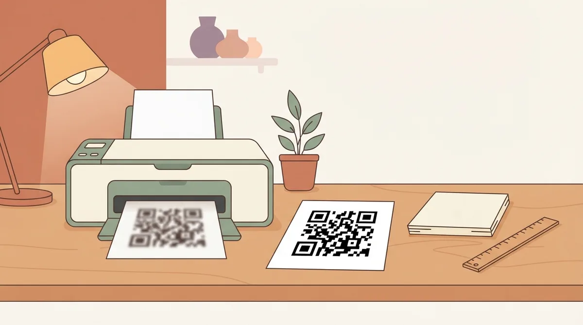 A printer emerging a soft-edged QR code beside a crisp proof