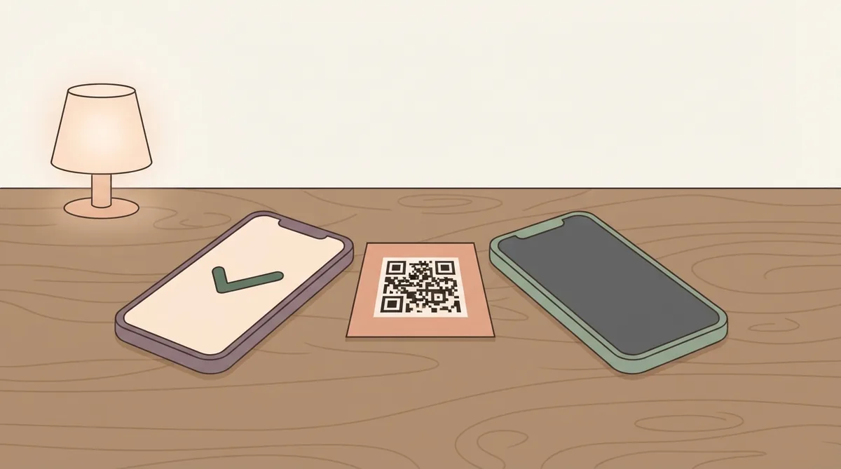 Two phones side by side on a desk, both angled at the same printed card