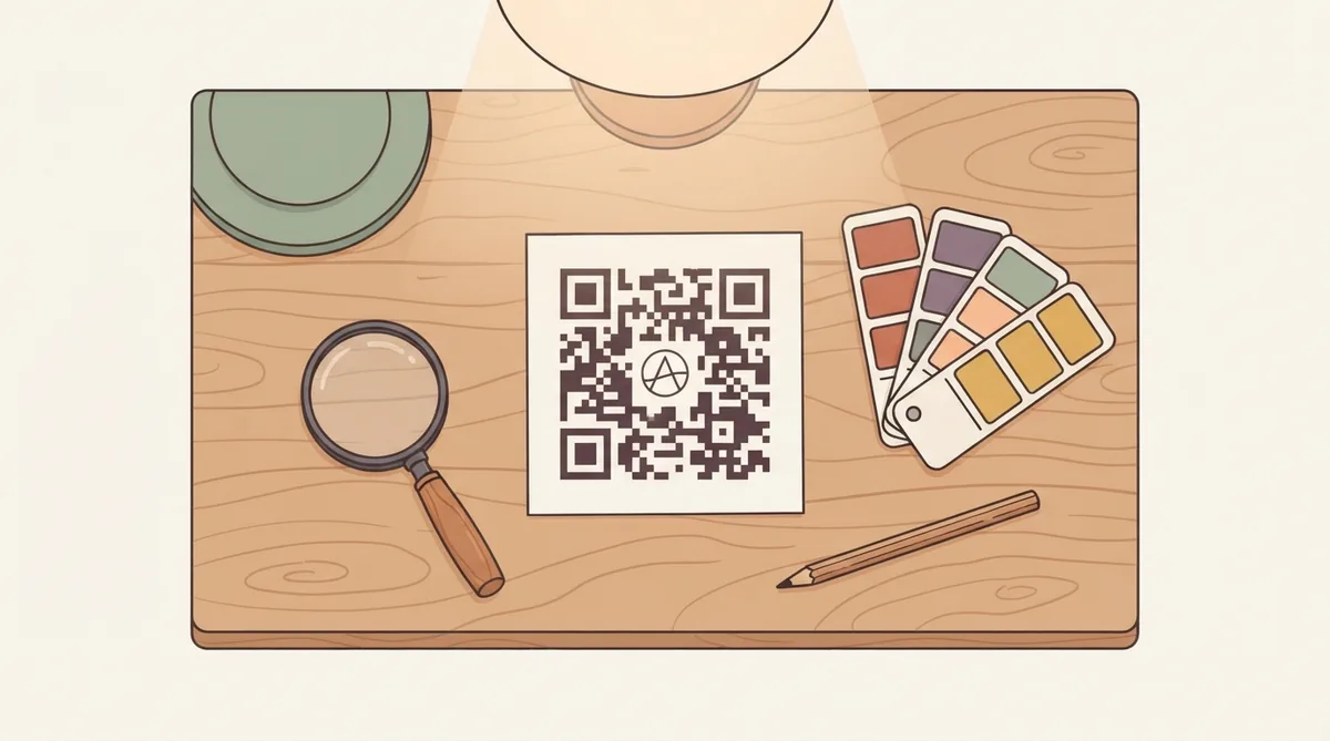 A designer's desk with a QR code showing a logo at its centre, colour swatches beside it