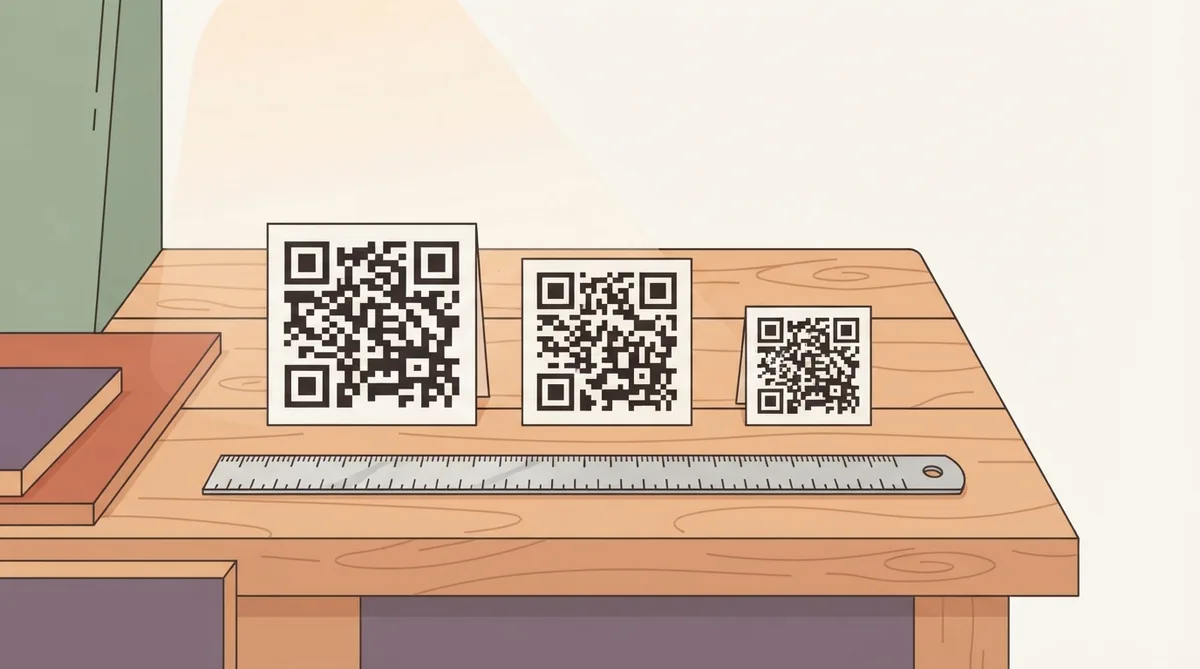 A ruler laid beside three printed QR codes in descending sizes