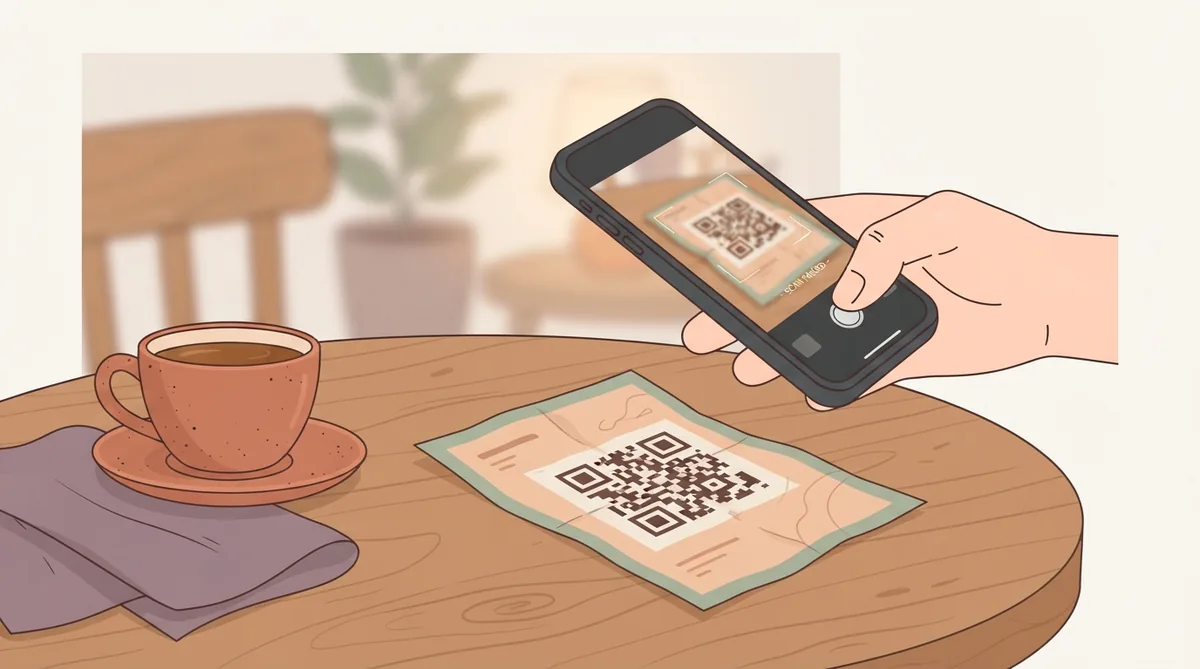 A hand holding a phone over a creased printed flyer on a cafe table