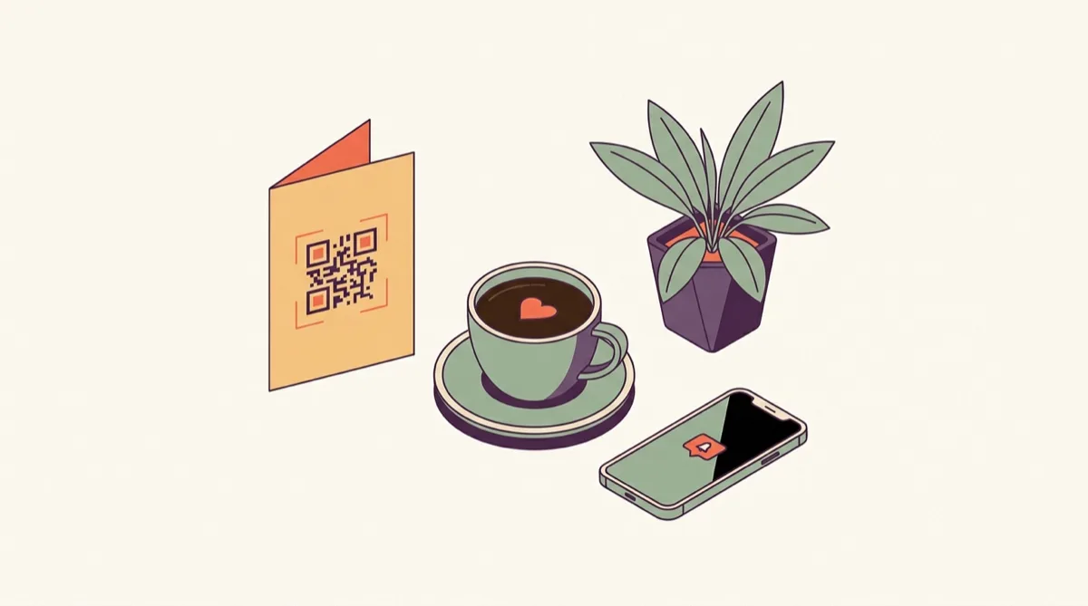 A cafe table with a folded QR menu card, a coffee cup, a plant and a phone