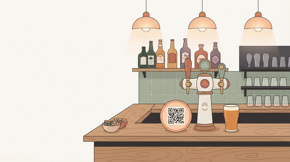 A pub bar with beer taps and a QR coaster under warm pendant lights