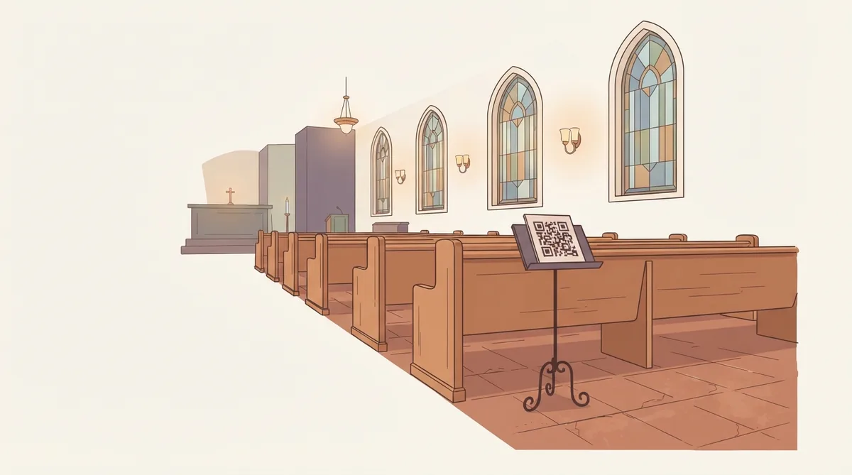 Church pews and stained glass windows with a QR stand at the aisle end