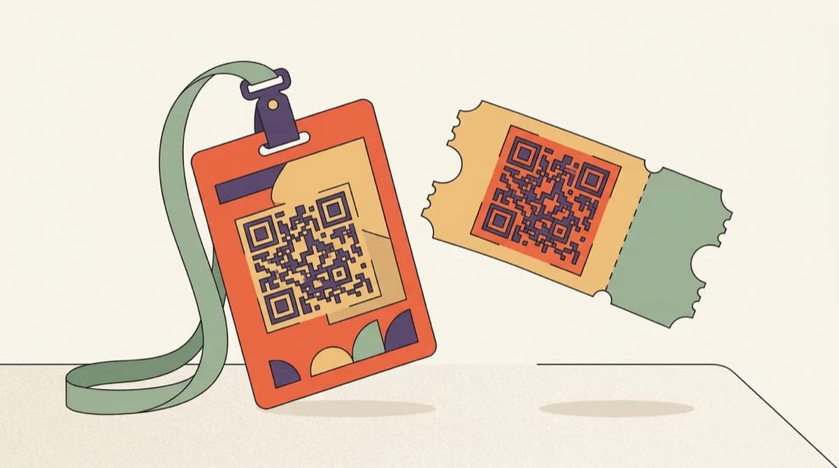A lanyard badge and a ticket stub, both carrying QR codes