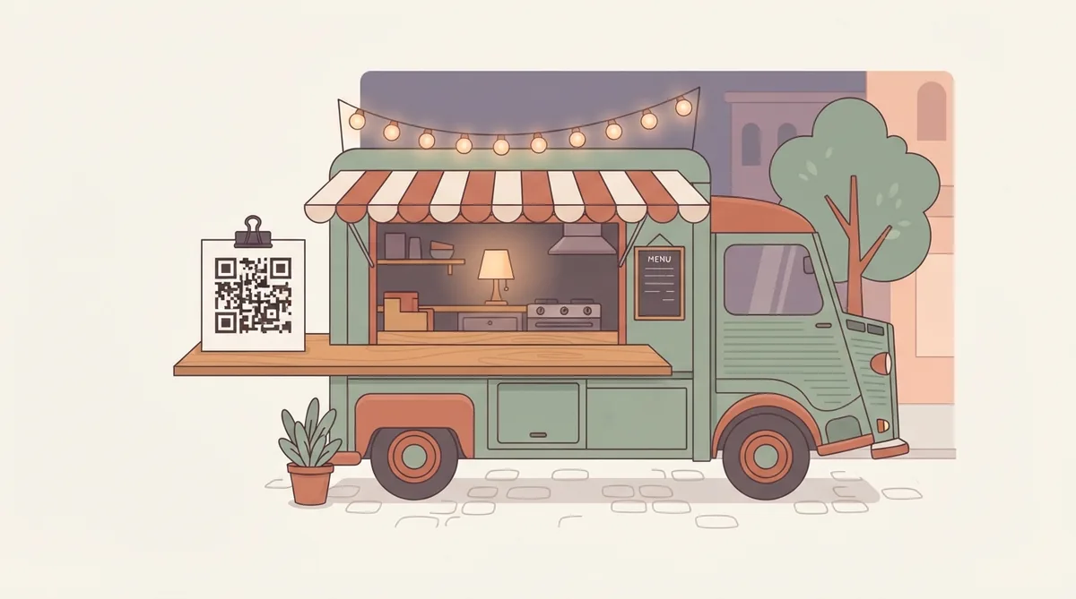 A street food truck with an awning and a QR card at the serving hatch