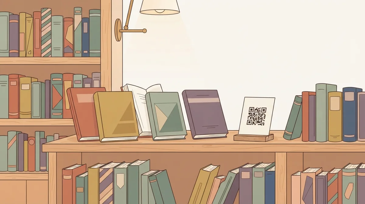Library shelves with a book display and a QR card among the propped books