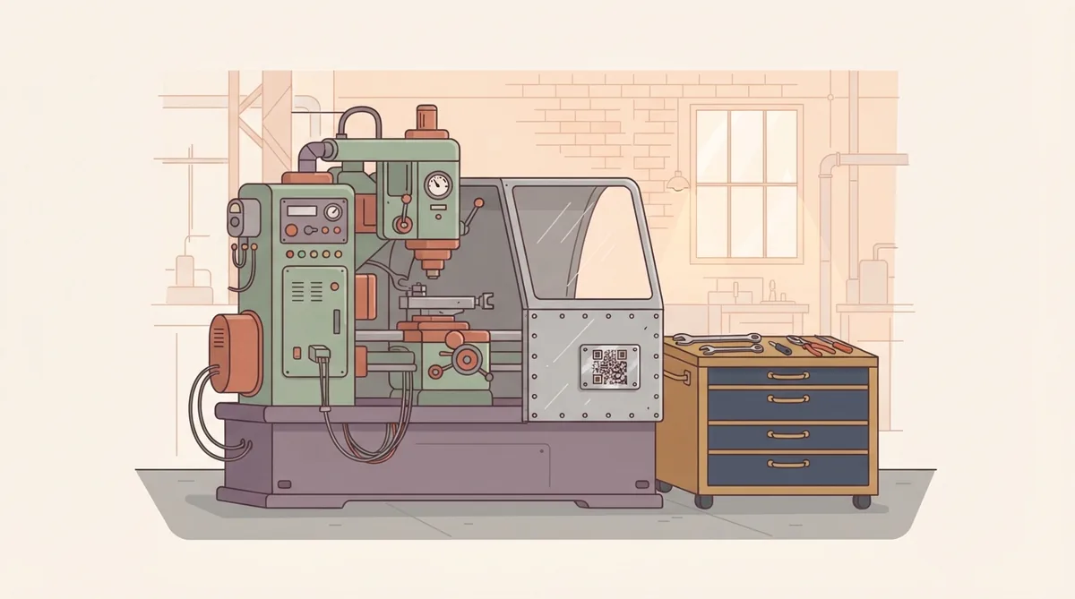 An industrial machine with a metal QR asset tag on its casing