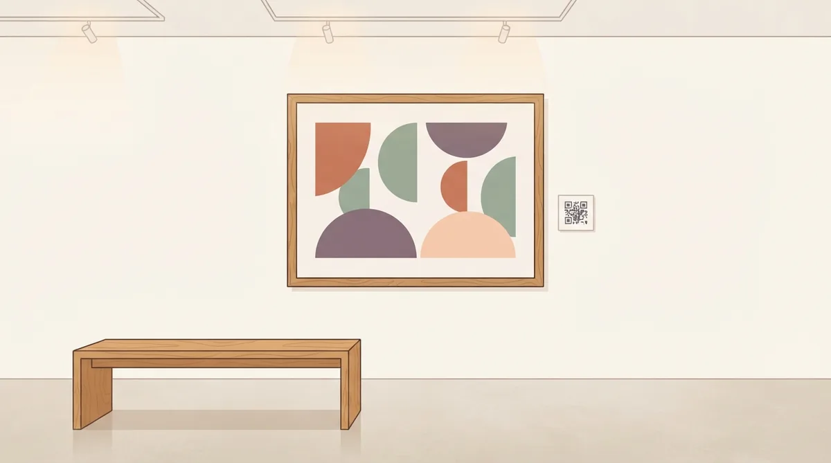 A gallery wall with a framed artwork and a small QR label beside it