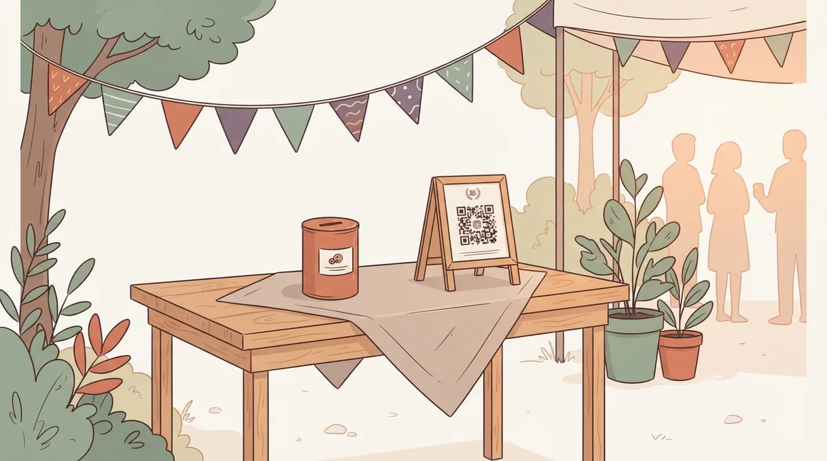 A charity fundraising table under bunting with a collection tin and QR sign