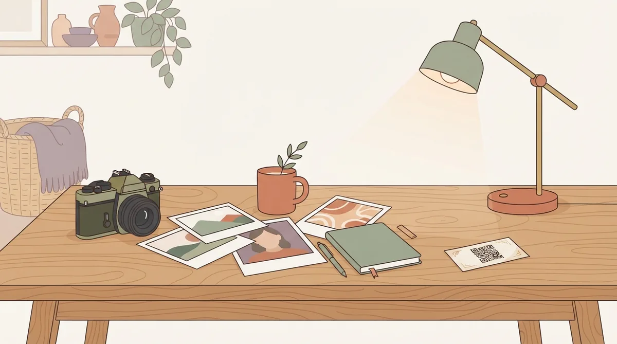 A photographer's desk with a camera, prints and a QR business card