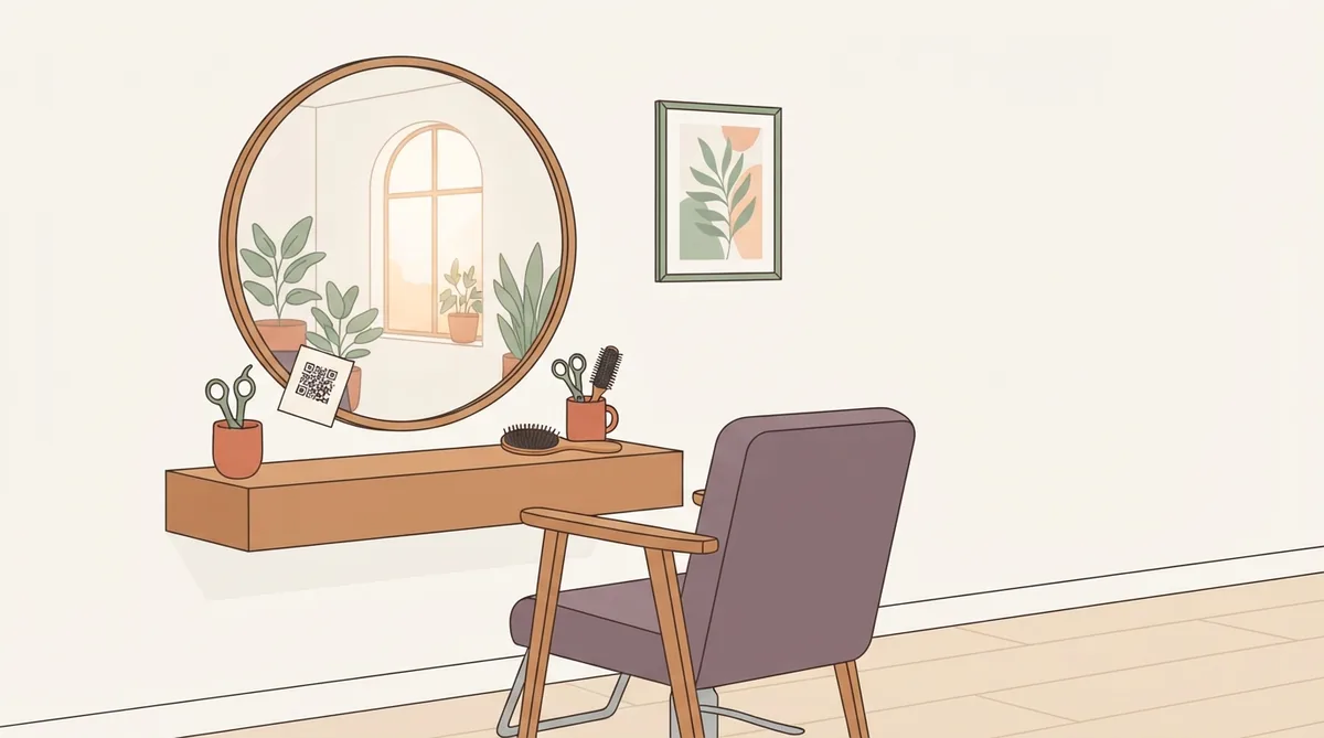 A salon styling chair facing a round mirror with a QR card tucked in the frame