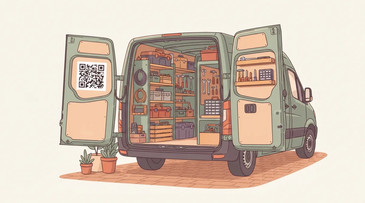The open rear doors of a tool-filled tradesman's van with QR decals