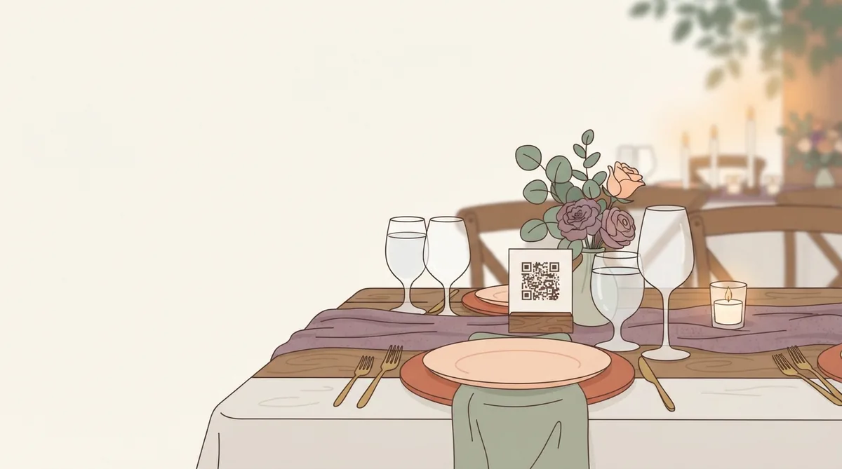 A wedding reception table with flowers, glassware and a QR place card