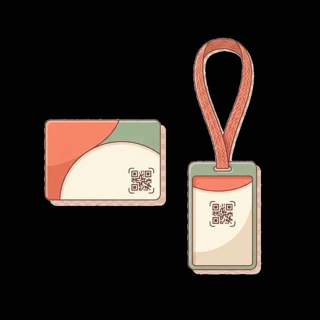 A business card and a lanyard badge, each carrying a QR code