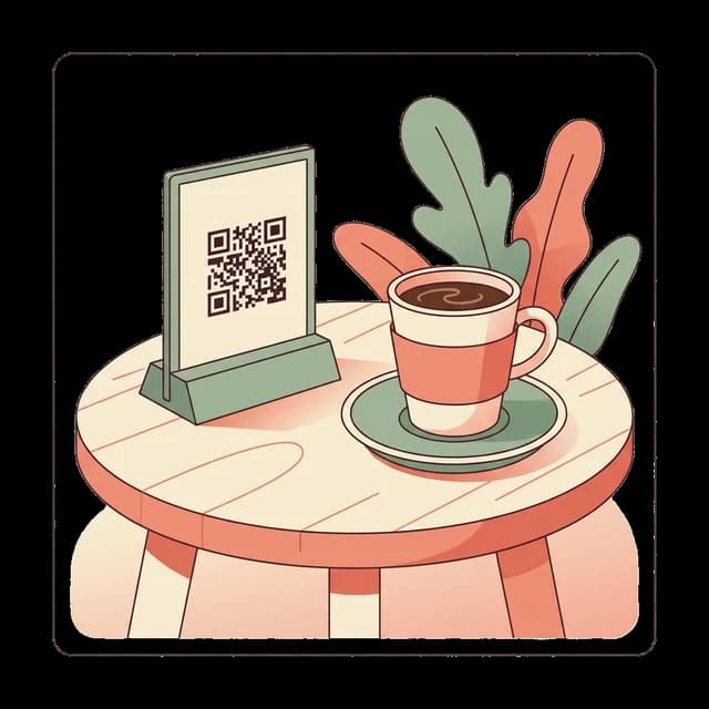 A cafe table with a QR code on a small stand beside a cup of coffee