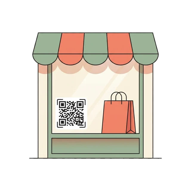A shop window with a QR code sticker and a shopping bag